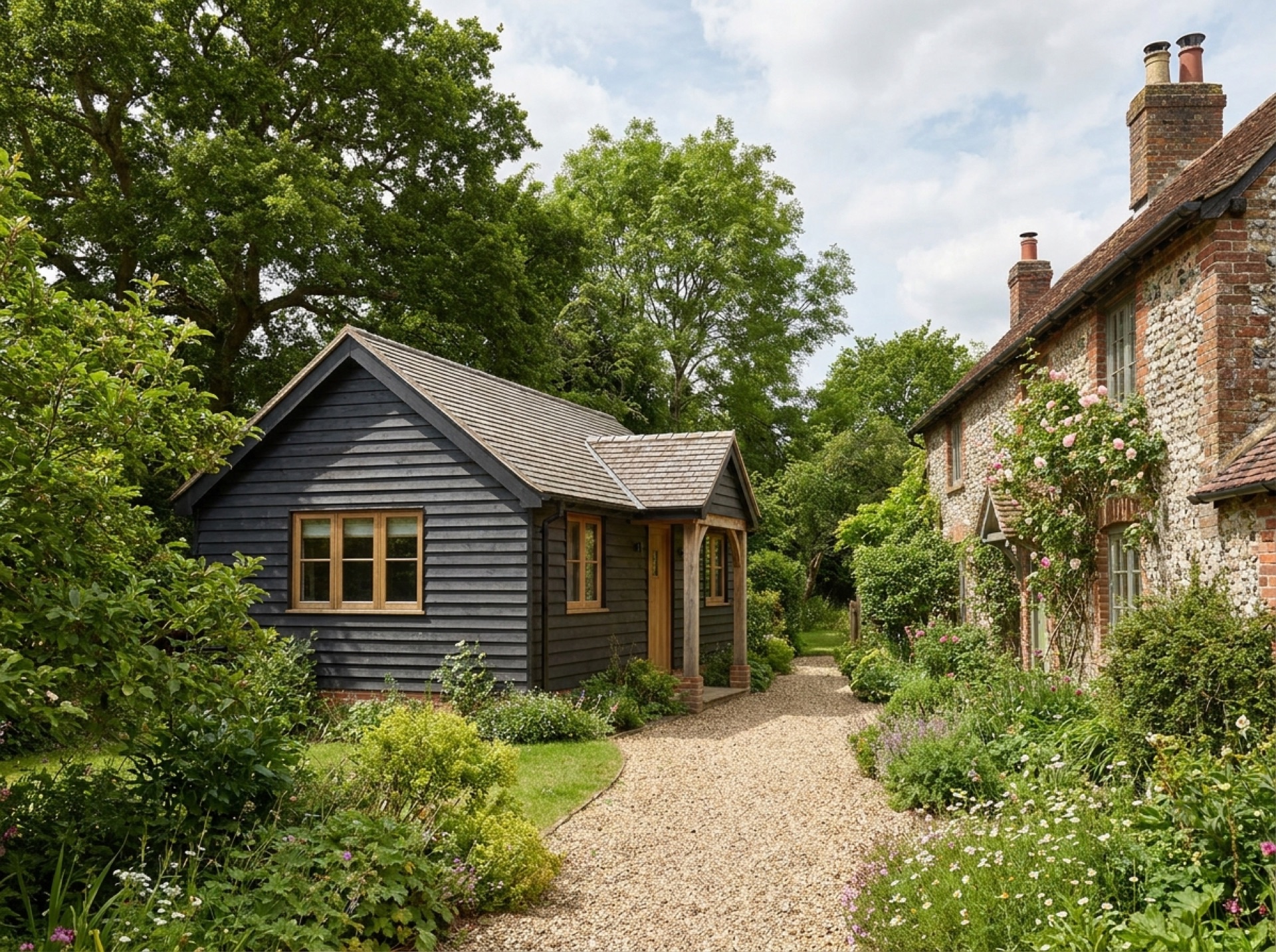 Dark weatherboarded garden annexe with a small porch beside a flint and brick village cottage